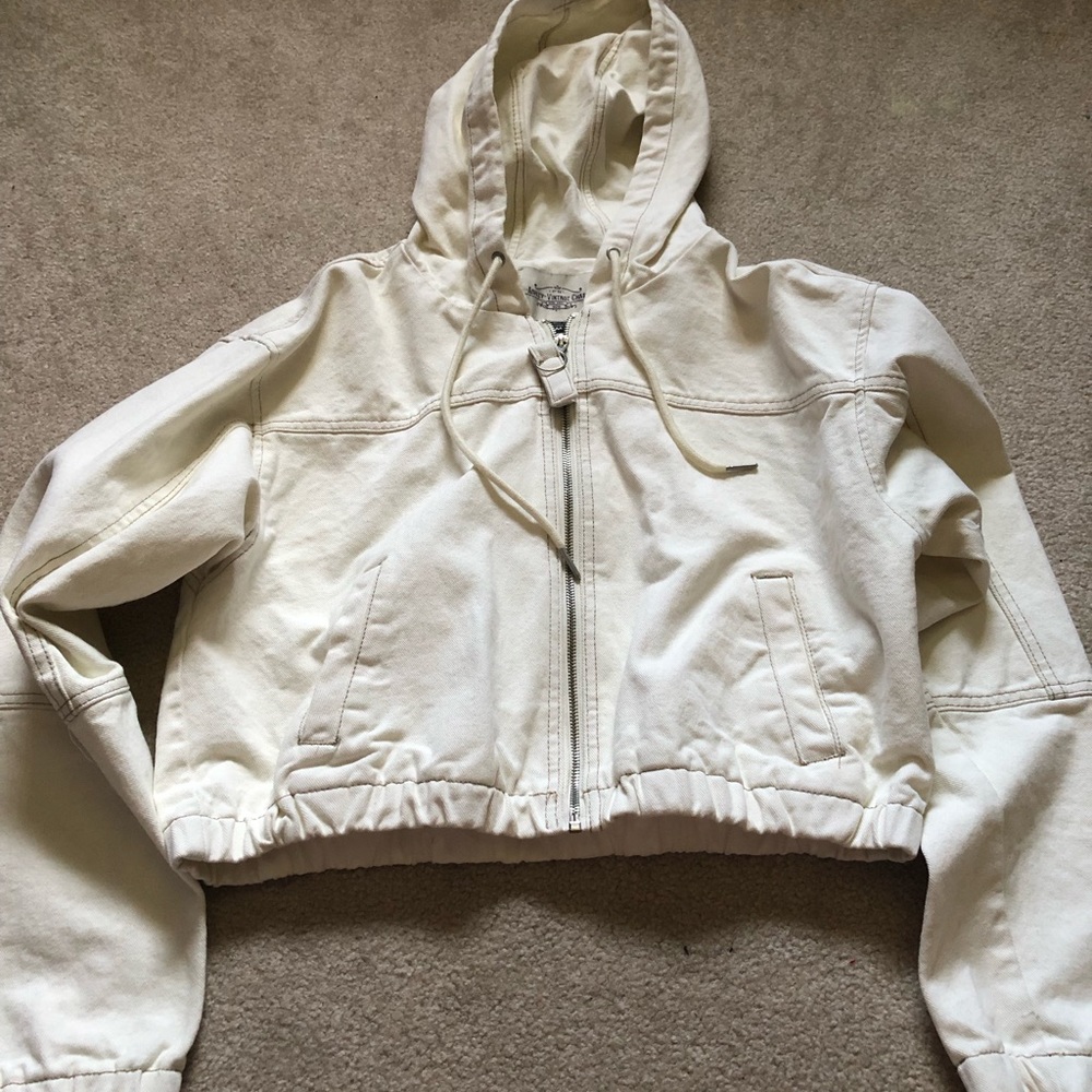 Cropped white denim zip up jacket